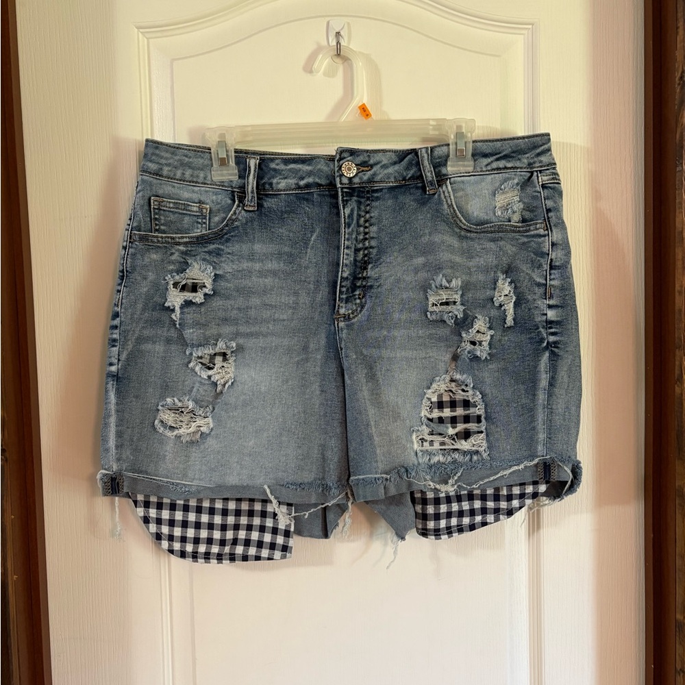 Distressed Denim Shorts with Gingham Detail